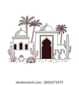 Desert architecture with cacti and palms linear vector illustration
