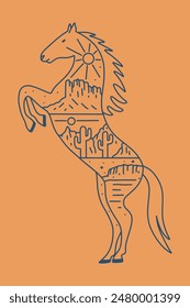 The desert of Arizona in Horse shape in mono line vector art