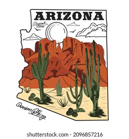 Desert artwork for t-shirts prints, Arizona map slogan and desert view print, posters and other uses.