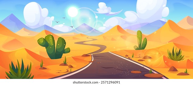 Desert asphalt road winding through sandy dunes, surrounded by green cacti and succulents. Empty highway stretching into distance, mountains backdrop, bright sun shining in blue sky with clouds.