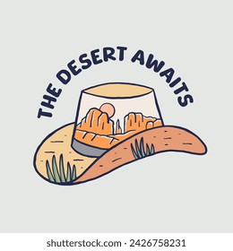 The desert awaits, sedona Arizona vintage illustration in cowboys hat shape