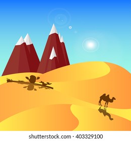 desert background with cactuses camel and mountains - vector