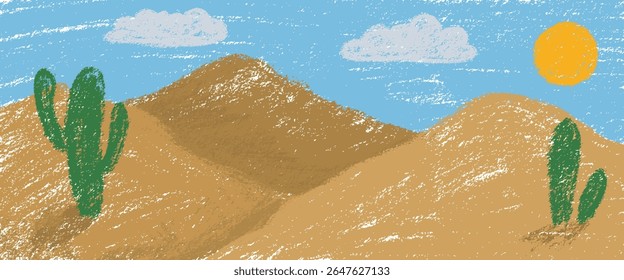 desert background. Crayon kid landscape with dry sand dunes. Vector sand dunes, cacti,, blue sky, clouds child wax pastel painting. Wild West desert landscape crayon illustration background.