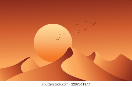 Fondo del desierto con un rebaño de aves volando. Ilustración vectorial