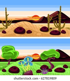 Desert background game design vector, landscape with mushrooms