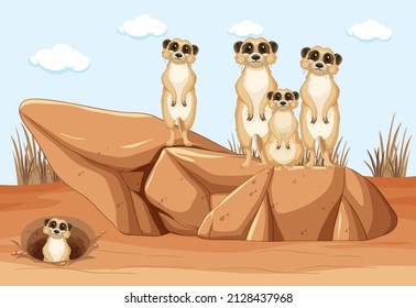 Desert background with a group of meerkats illustration