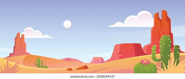 Desert background with mountains, cacti, and clear sky.