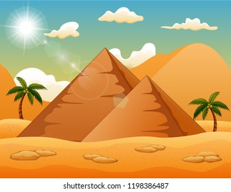 Desert background with pyramid and palm trees