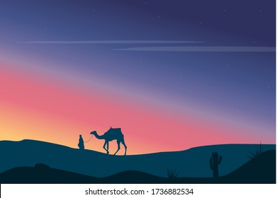 desert background sunset man going with camel vector