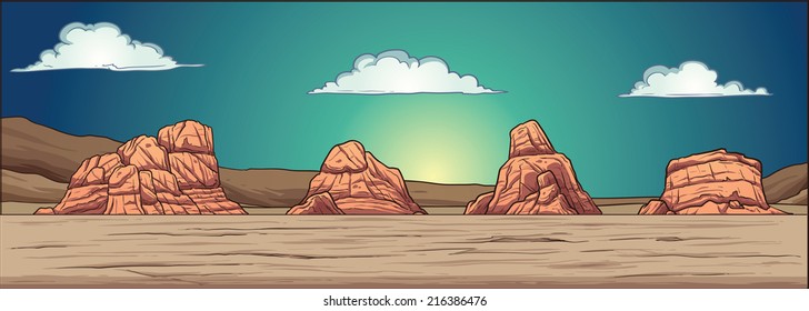 Desert background. Vector clip art illustration with simple gradients. Static background, mountains, clouds and foreground on separate layers. Foreground can be used as a seamless pattern.