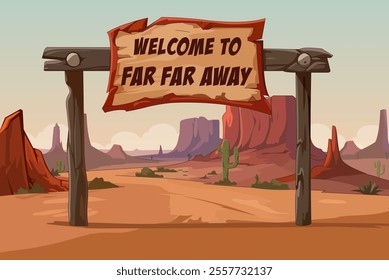 Desert Background Vector, far far away sign board, desert mountains, landscape  background illustration