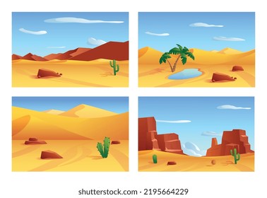 Desert Banners With Oasis And Highlands, Flat Vector Illustration. No People Scenery Backgrounds Collection Of Abandoned Dry Desert Land. Panoramic Dryland Views.