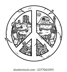 desert and beach in peace symbols line illustration