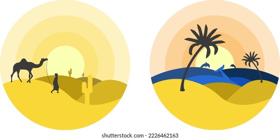 Desert and beach sundown and sunrise, flat design, vector illustration, camel, palm, sand, dolphin