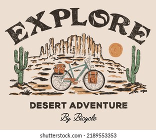 Desert bicycle road trip graphic print artwork for apparel, t shirt, sticker, poster, wallpaper and others.  Desert cycling. Cactus and mountain. 