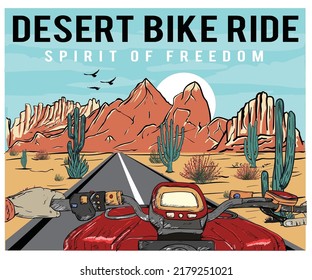 Desert Bike Ride Graphic Print Artwork For Apparel, T Shirt, Sticker, Poster, Wallpaper And Others. Arizona Desert Road Trip Artwork.