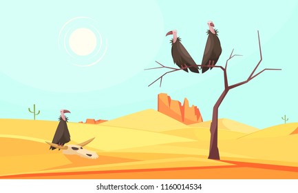 Desert bird composition with doodle style outdoor roughland scenery and dry tree with birds and sky vector illustration