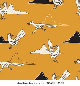 Desert birds illustration vector seamless pattern. Western landscape with mountains and roadrunners. For wallpaper, children's clothing design etc. 