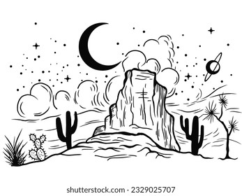 Desert black white long landscape sketch illustration vector