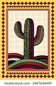 Desert Bloom: Una obra de arte Madhubani cautivadora - Cactus en flor. Madhubani arte, Cactus pintura, Madhubani arte del desierto, Madhubani nuevos comienzos, decoración de la pared, hecho a mano. 