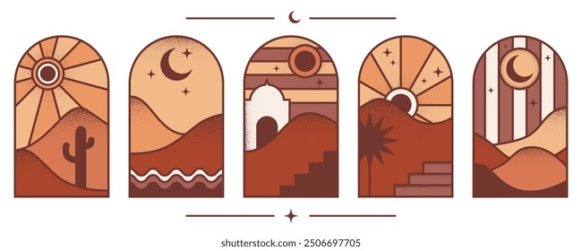 Desert boho logo with mountain and sun landscape. Bohemian valley with moon and cactus. Abstract textured aesthetic design set. Vector arc with aurora. Travel graphic decoration