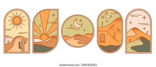 Logotipo boho del desierto con sol y montañas. Ilustración bohemia abstracta del Vector con el cactus de la luna y paisaje mínimo. Conjunto de Formas de arco y ventanas. Elementos de diseño para póster y decoración.