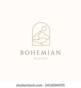 Desert boho logo with sun and palm tree golden line icon, abstract design element in modern boho style