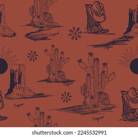 Desert, boots, cactus vector Pattern, Beautiful sweet pastel Seamless pattern vector summer cactus on desert mix with beautiful blooming succulents flower for fashion fabric and all prints 