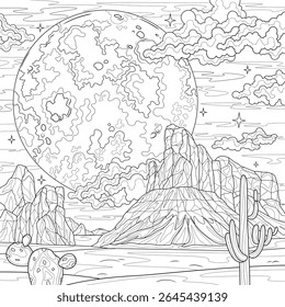 Desert with cacti and full moon. Landscape.Coloring book antistress for children and adults. Illustration isolated on white background.Zen-tangle style. Hand draw