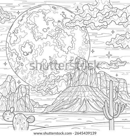 Desert with cacti and full moon. Landscape.Coloring book antistress for children and adults. Illustration isolated on white background.Zen-tangle style. Hand draw