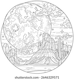 Deserto com cactos e lua cheia em uma moldura redonda. Landscape.Coloring livro antistress para crianças e adultos. Ilustração isolada no estilo background.Zen-tangle branco. Desenho da mão