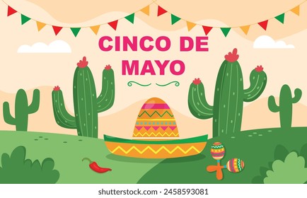 Desert from cacti and hat Decoration Mexican Celebration. Cinco de Mayo. Vector Illustration