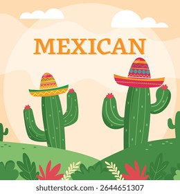 Desert with cacti and a Mexican hat in Mexican style. Vector graphics