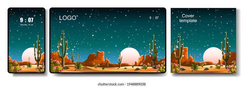 Desert with cacti. Night, moon, stars. Background for mobile phone, desktop and cover.