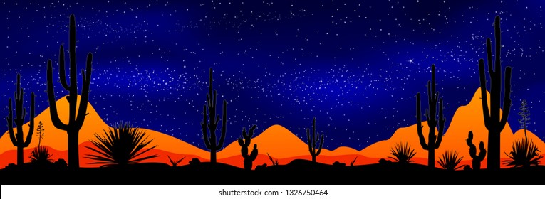 Desert with cacti on the background of the night starry sky. Stony desert at night. Desert landscape, night scene.                                                                                    