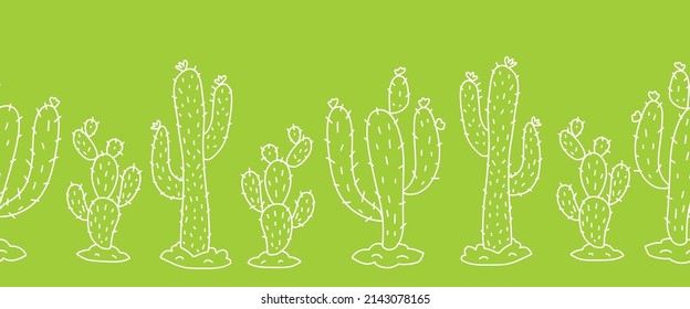 Las cactus del desierto se unen a los verdes de la frontera vectorial. El Oeste salvaje repite el patrón de cactus horizontal. Impresión de decoración étnica nativa americana. Navajo bohemio, Perú, banner de decoración mexicana, decoración de jardín de verano.