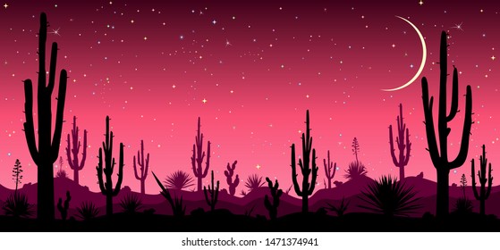 Desert, cacti, stars night. Starry night over the Mexican desert. Silhouettes of stones, cacti and plants. Desert landscape with cacti. Stony desert.                                                  