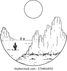 Desert, Cacti And Sun - Landscape Inscribed In A Circle. Day And Night Change Picture. Black And White Vector Picture.