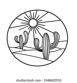 Desert, cacti and sun - landscape inscribed in a circle. Black and white vector picture.