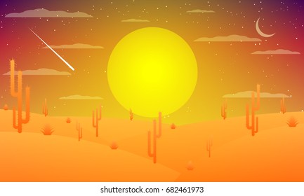 Desert with cacti at sunset