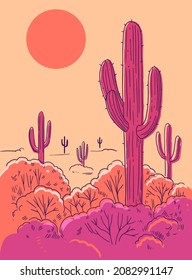 Desert with cacti and sunset. Vector illustration