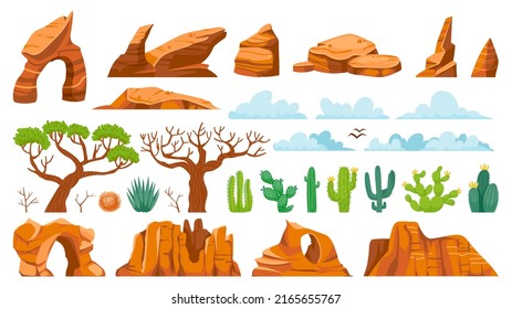 Desert cactus ant rocks. Cartoon tumbleweed, sand stones, and succulent, exotic landscape elements. Vector isolated set. Solid cliffs, outdoor bare trees and plant with leaves, hot climate