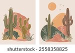 Desert Cactus Boho Sun Warm Colors Minimal Botanical Vector Illustration Set	
