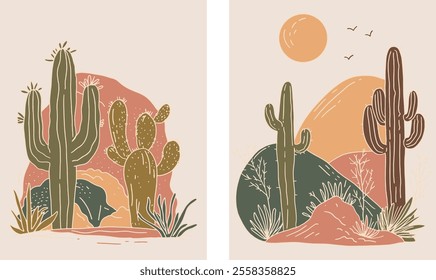 Desert Cactus Boho Sun Warm Colors Minimal Botanical Vector Illustration Set	
