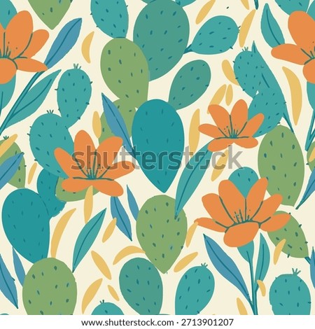 Desert cactus and bright flower surface pattern design perfect for textile, printing, wrapping paper, and home decor.
