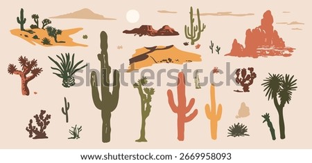 Desert Cactus Collection - Hand Drawn Arid Plants and Landscape Elements Vector Illustration