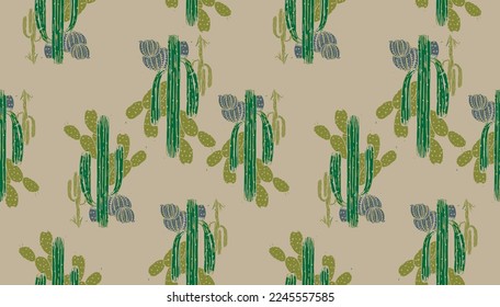 Desert Cactus colorful pattern, Hand drawn desert cactus vector seamless pattern. Fresh summer vector print for home decor