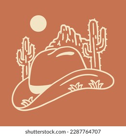 Desert and cactus design with cowboy hat combination in mono line art