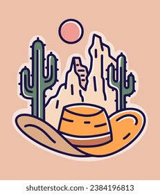 Desert and cactus design with cowboy hat mono line art design for t-shirt, badge, patch, sticker, etc