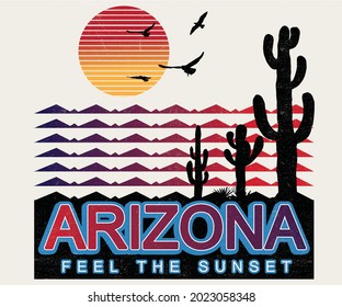 Desert with cactus  graphic t shirt design artwork. Line mountain and sun  print design for  patch, sticker, batch, apparel, logo, embroidery etc. 